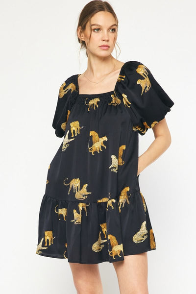 Leopard Print Square Neck Short Sleeve Mini Dress
