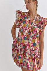 Floral V-Neck Sleeveless Ruffle Detail Shoulder Mini Dress