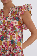 Floral V-Neck Sleeveless Ruffle Detail Shoulder Mini Dress