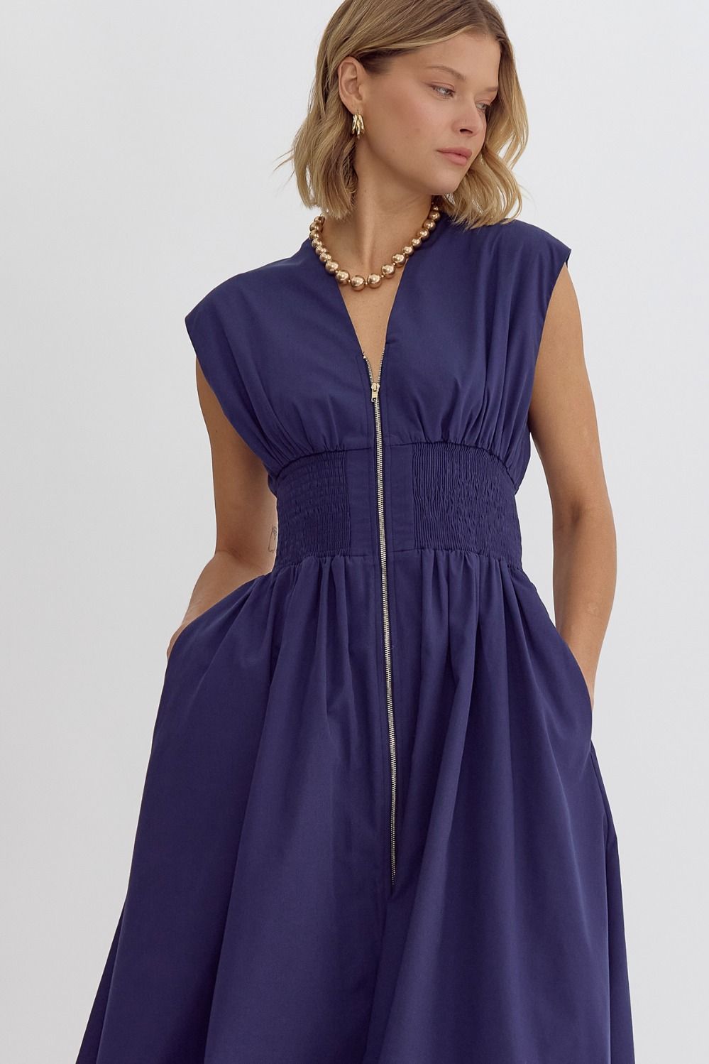 V-Neck Sleeveless Dual Zipper Front Midi Dress