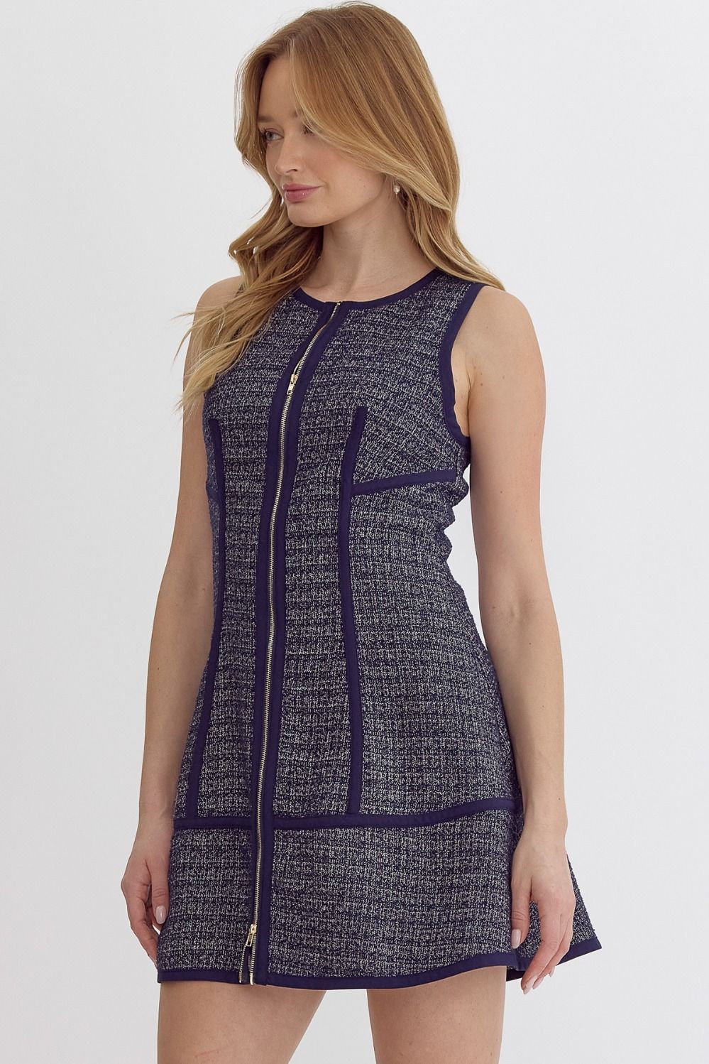 Tweed Round Neck Sleeveless Mini Dress