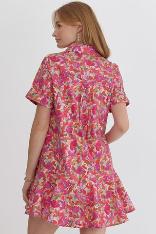 Floral Print Collared Short Sleeve Mini Dress