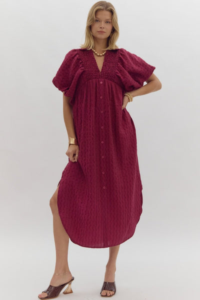 Textured Short Puff Sleeve Button Up V-Neck Collared Midi Dress