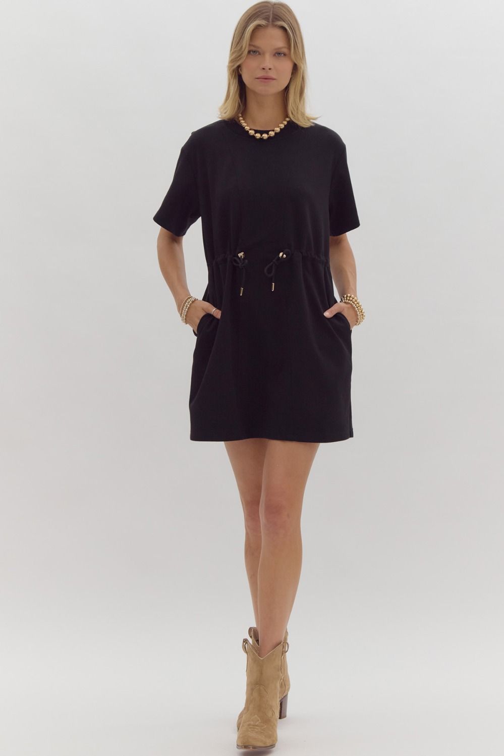 Solid Round Neck Short Sleeve Mini Dress