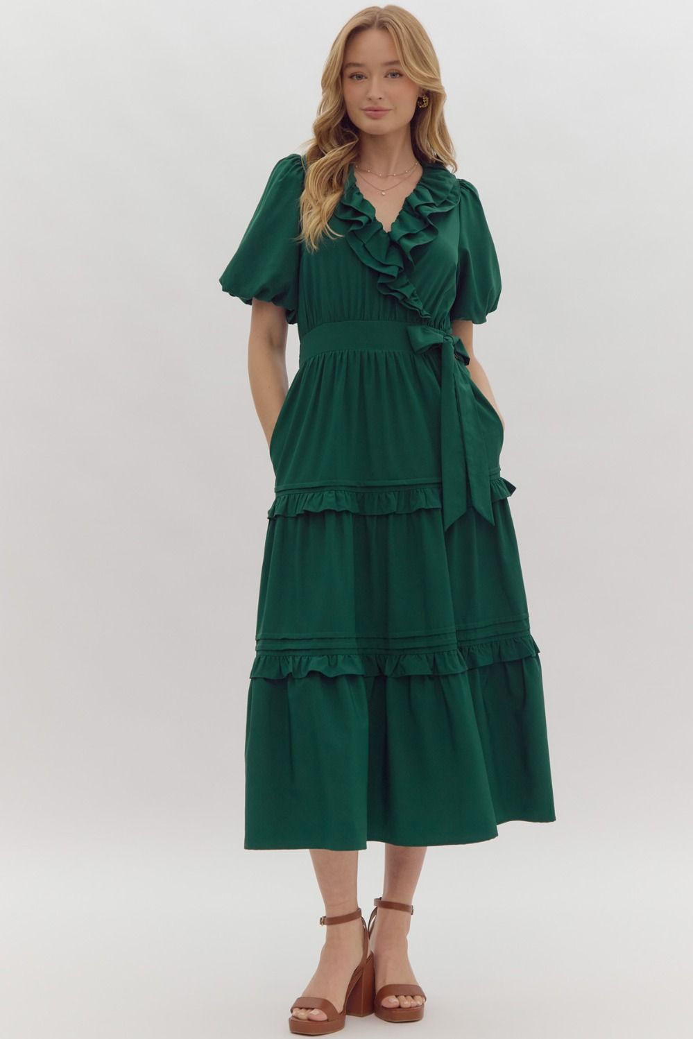 Solid Short Sleeve Faux Wrap Midi Dress