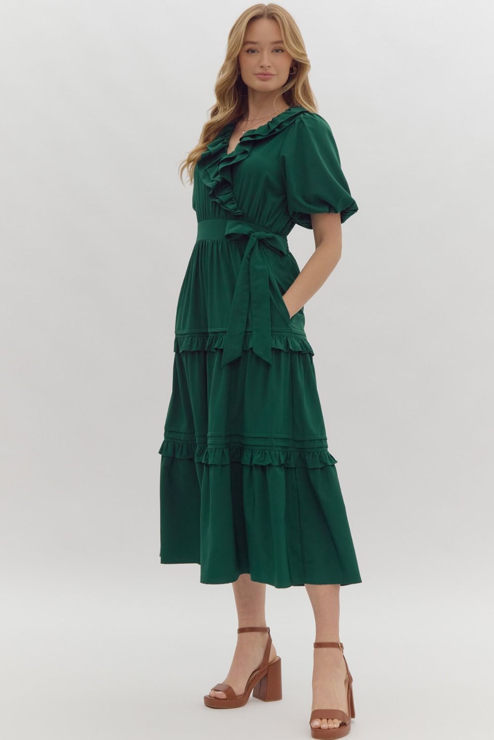 Solid Short Sleeve Faux Wrap Midi Dress