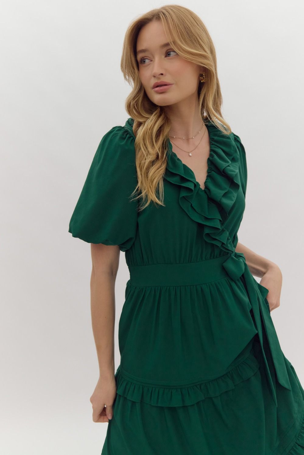 Solid Short Sleeve Faux Wrap Midi Dress