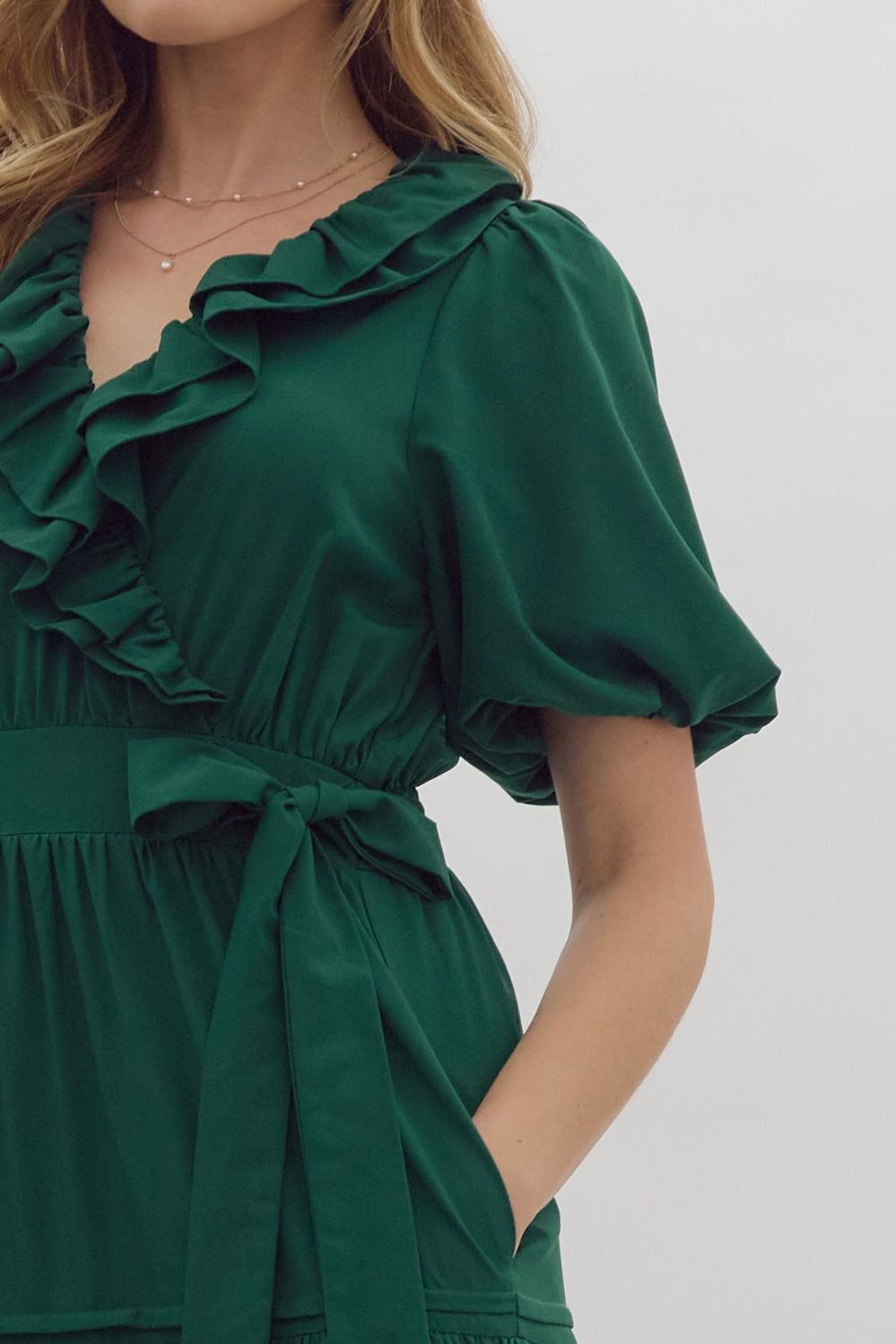 Solid Short Sleeve Faux Wrap Midi Dress