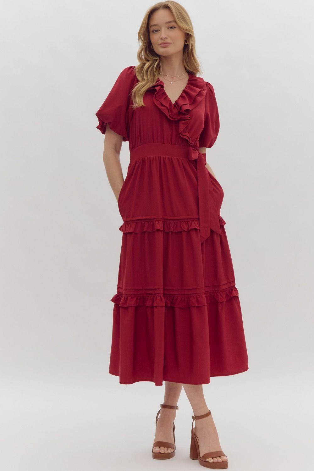 Solid Short Sleeve Faux Wrap Midi Dress