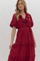 Solid Short Sleeve Faux Wrap Midi Dress