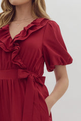 Solid Short Sleeve Faux Wrap Midi Dress