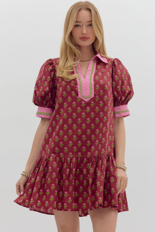 Floral Print Bubble Sleeve Mini Dress