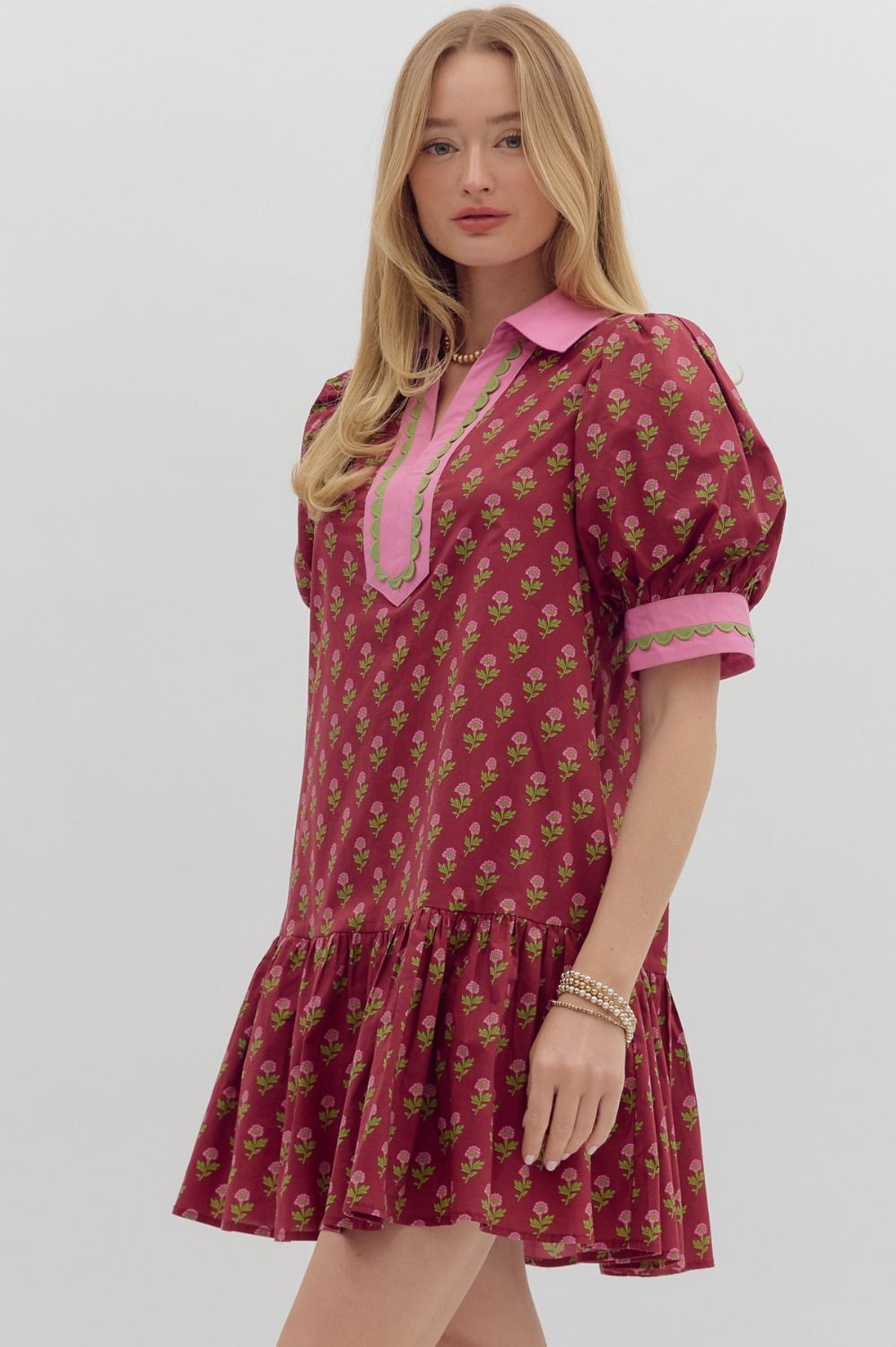 Floral Print Bubble Sleeve Mini Dress