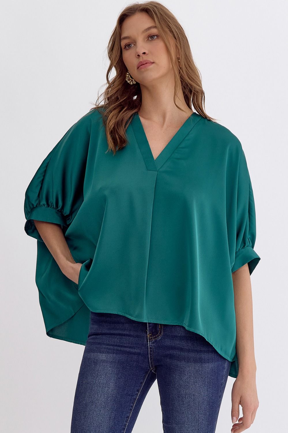 Satin V-Neck 1/2 Sleeve Top