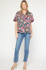 Printed Short Sleeve V-Neck Puff Sleeve Top