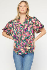 Printed Short Sleeve V-Neck Puff Sleeve Top