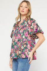 Printed Short Sleeve V-Neck Puff Sleeve Top