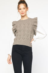 Textured Roundneck Ruffle Shoulder Sweater
