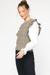 Textured Roundneck Ruffle Shoulder Sweater