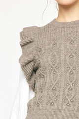 Textured Roundneck Ruffle Shoulder Sweater