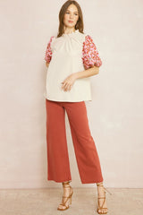 Solid Mock Neck Puff Sleeve Ruffle Neck Top