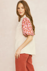 Solid Mock Neck Puff Sleeve Ruffle Neck Top