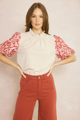 Solid Mock Neck Puff Sleeve Ruffle Neck Top