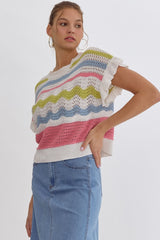 Ruffle Sleeve Colorblock Crochet Knitted Cropped Sweater