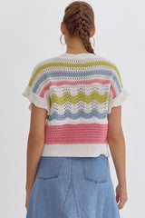 Ruffle Sleeve Colorblock Crochet Knitted Cropped Sweater