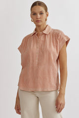 Stripe Down Button Up Rolled Cuff Short Sleeve Top