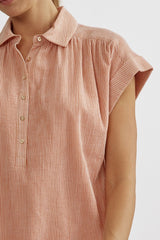 Stripe Down Button Up Rolled Cuff Short Sleeve Top