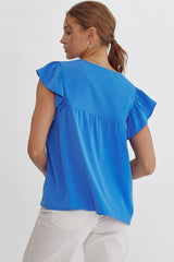 Solid V-Neck Sleeveless Ruffle Detail Top