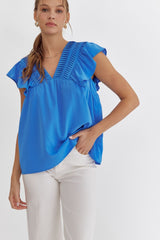 Solid V-Neck Sleeveless Ruffle Detail Top