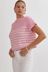 Stripped Pattern Knitted Mock Neck Sleeveless Top
