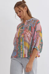Mixed Print Button Up 3/4 Sleeve Top
