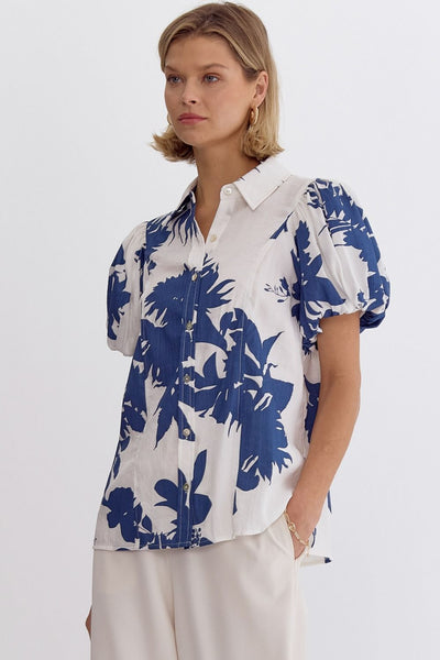 Leaf Print Button Down Collared Top