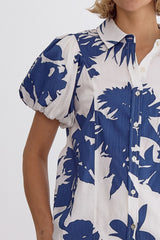 Leaf Print Button Down Collared Top