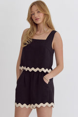 Square Neck Cropped Ric Rac Trim Top