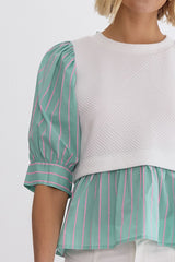 Round Neck Half Sleeve Strip Top with Sweatshirt Layered Vest