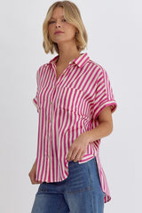 Striped Collared Button Up Short Sleeve Top