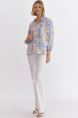 Printed V-Neck 3/4 Sleeve With Ruffle Detail Top