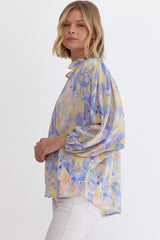 Printed V-Neck 3/4 Sleeve With Ruffle Detail Top