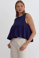 Pleated Sleeveless Cropped Ruffled Detail Top