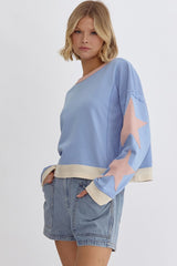 Cropped Round Neck Long Sleeve Star Patchwork Top