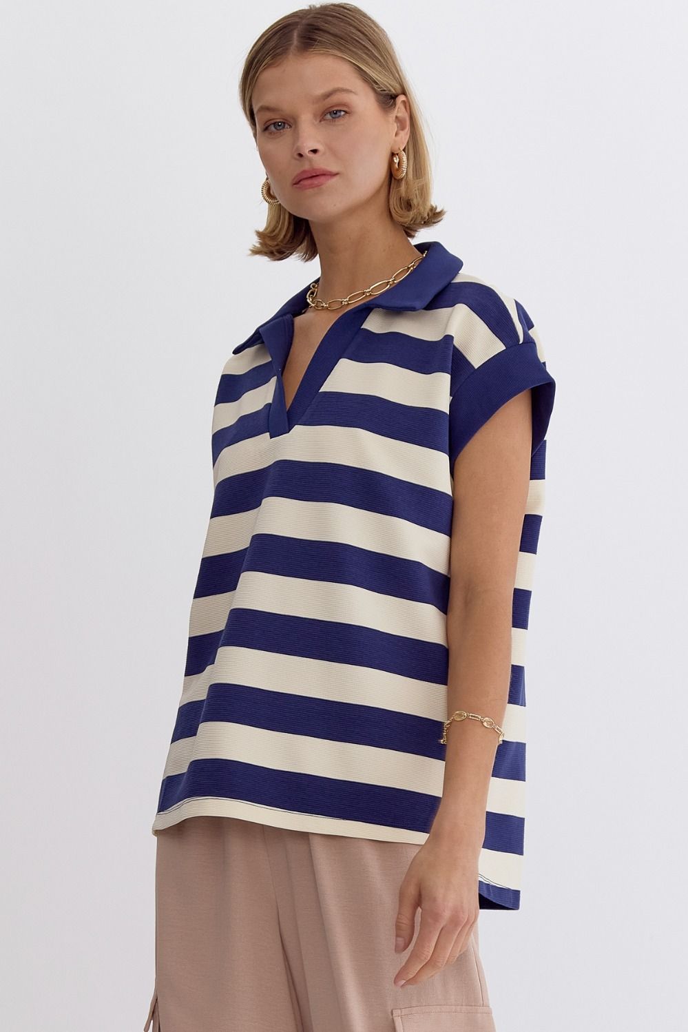 Stripe Collared Cap Sleeve V-Neck Top