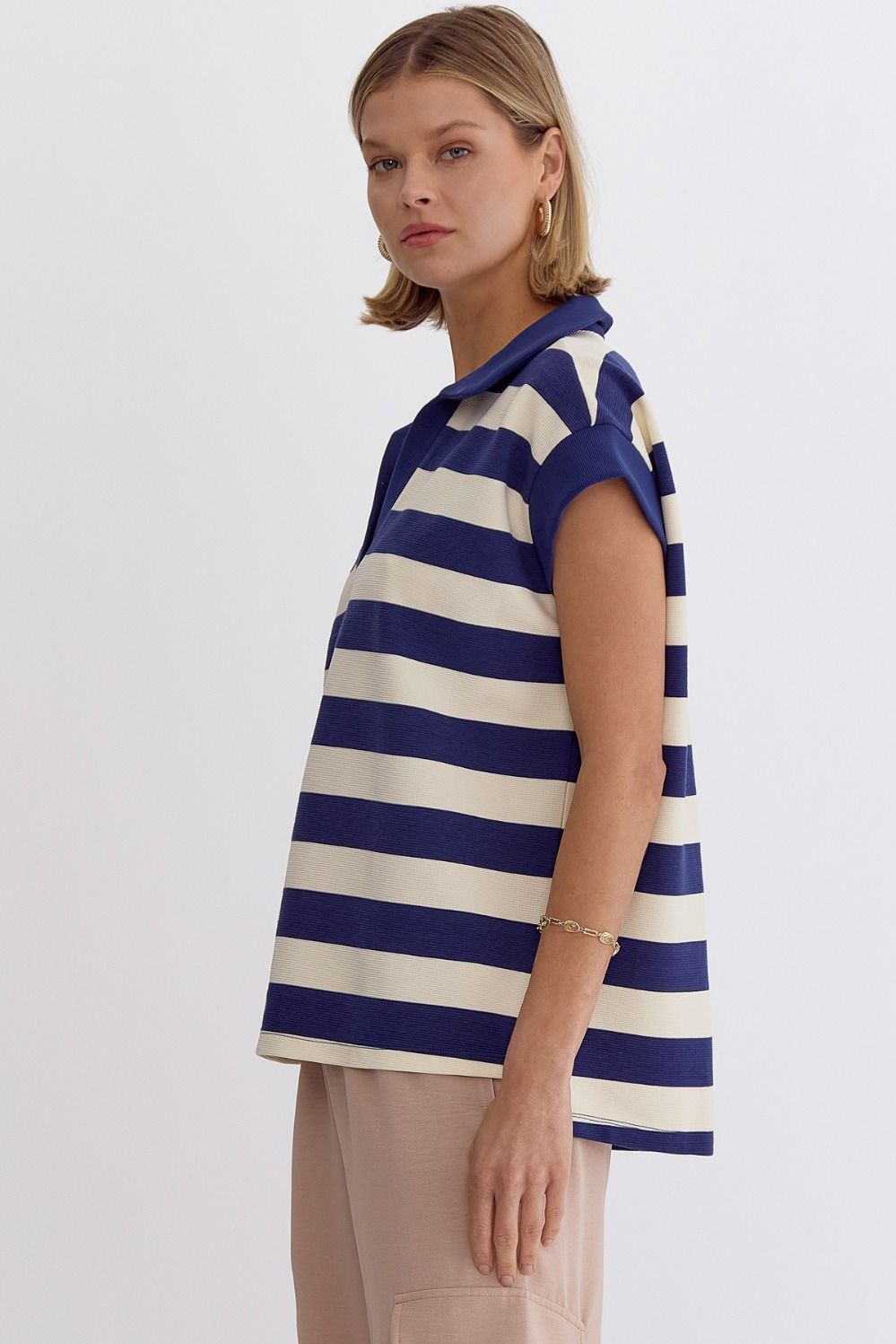 Stripe Collared Cap Sleeve V-Neck Top