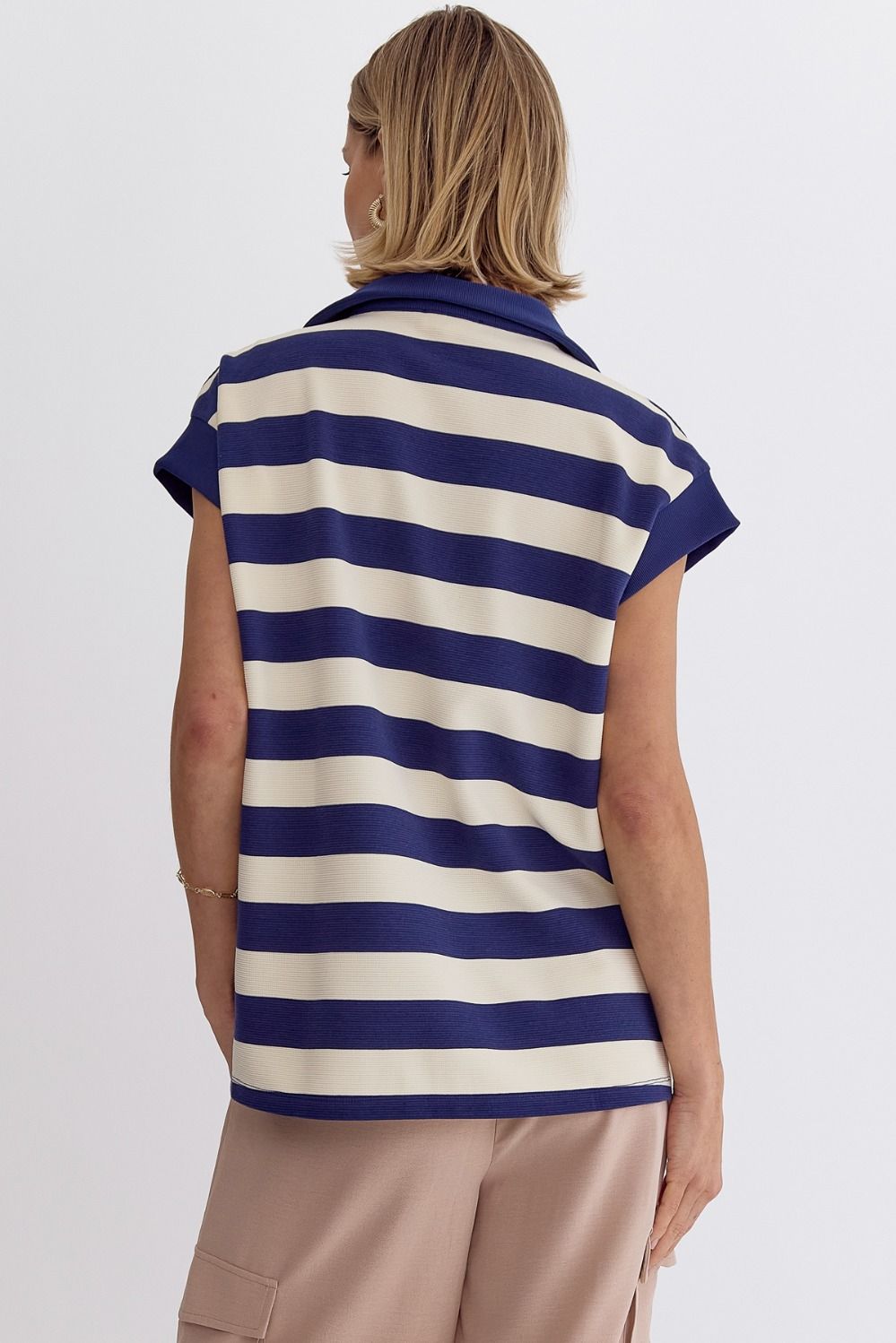 Stripe Collared Cap Sleeve V-Neck Top