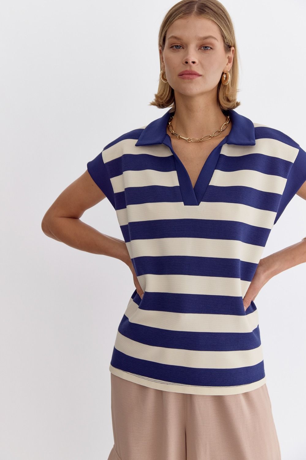 Stripe Collared Cap Sleeve V-Neck Top