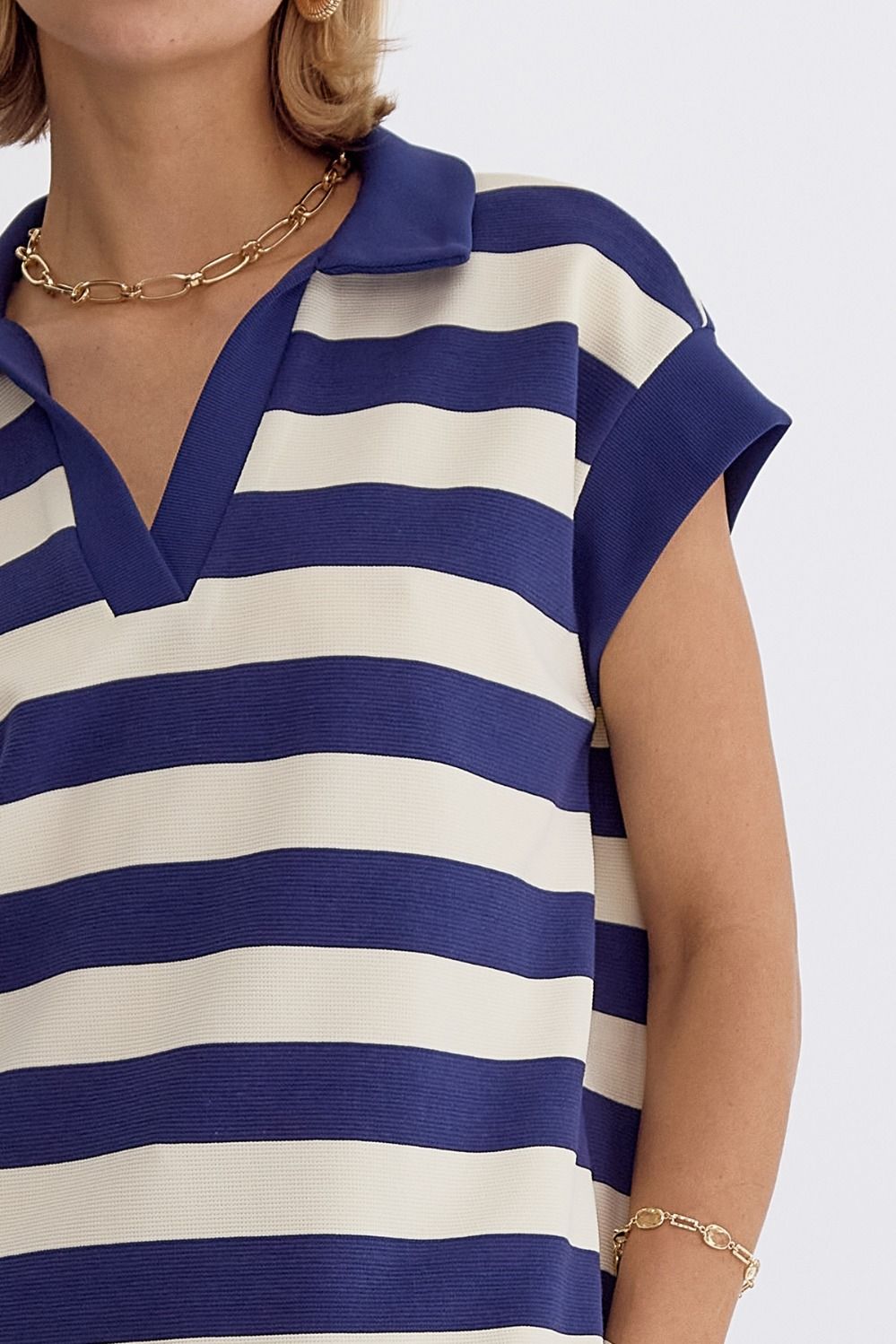 Stripe Collared Cap Sleeve V-Neck Top