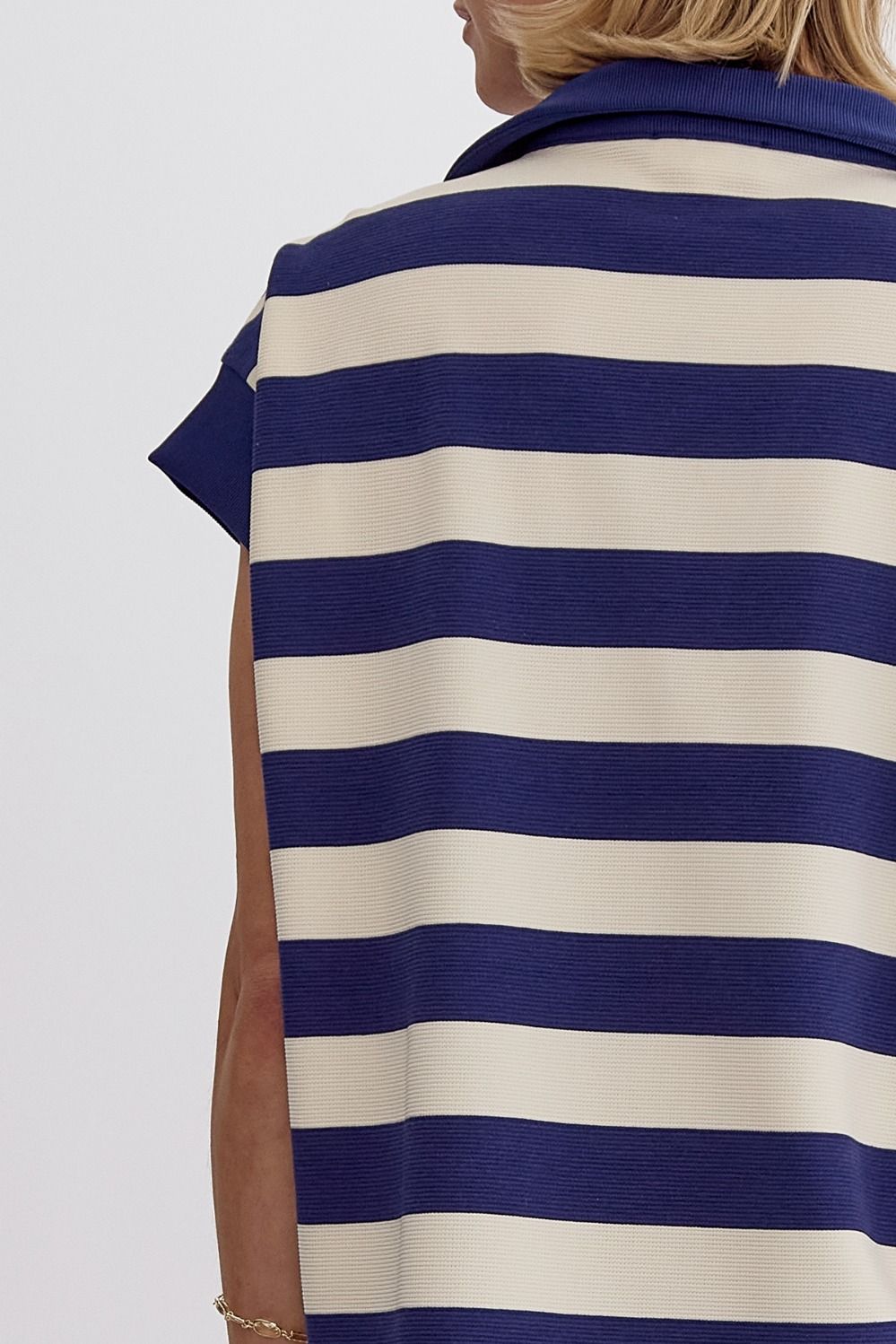 Stripe Collared Cap Sleeve V-Neck Top